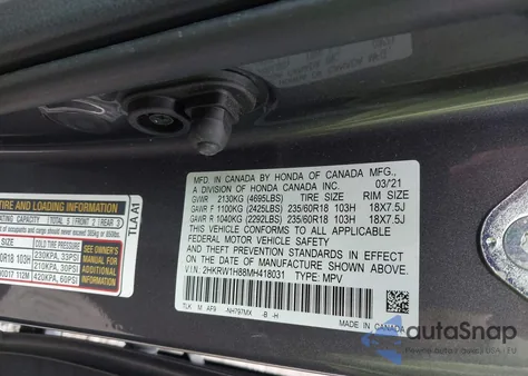 2021 Honda Cr-V 2Wd Ex-L from USA, damaged, VIN 2HKRW1H88MH418031